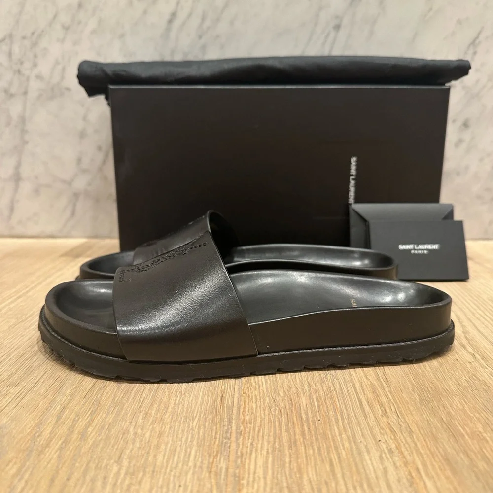 Saint Laurent Maine Liscio Black Leather Slide Sandals - Picture 8 of 12